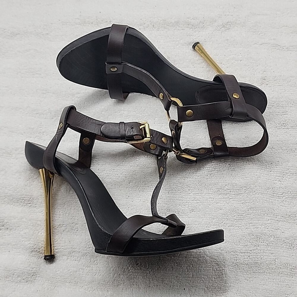 GUCCI KYLIE VINTAGE STILLETOS WOODEN PLATFORM LEATHER T-STRAP HEELS 7.5 GUC - Picture 14 of 16